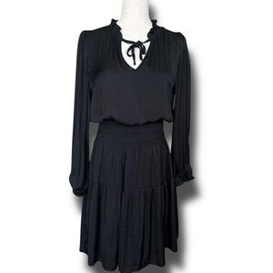 DownEast Tiered Smocked Waist  Midi Dress Tie Neck Black Ruffles Blouson Sz M